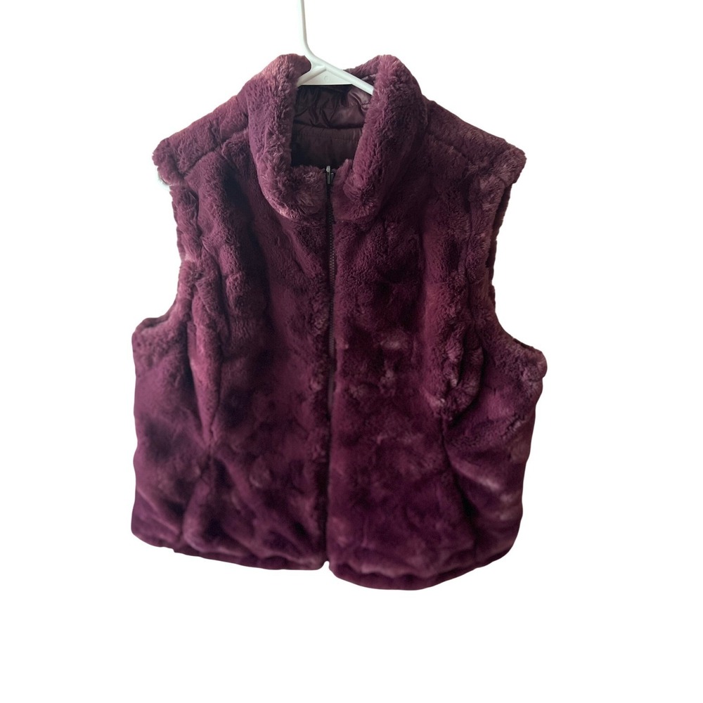Womens Reversible Faux Fur Quilted Puffer Vest Burgundy Purple Zip Up Large
